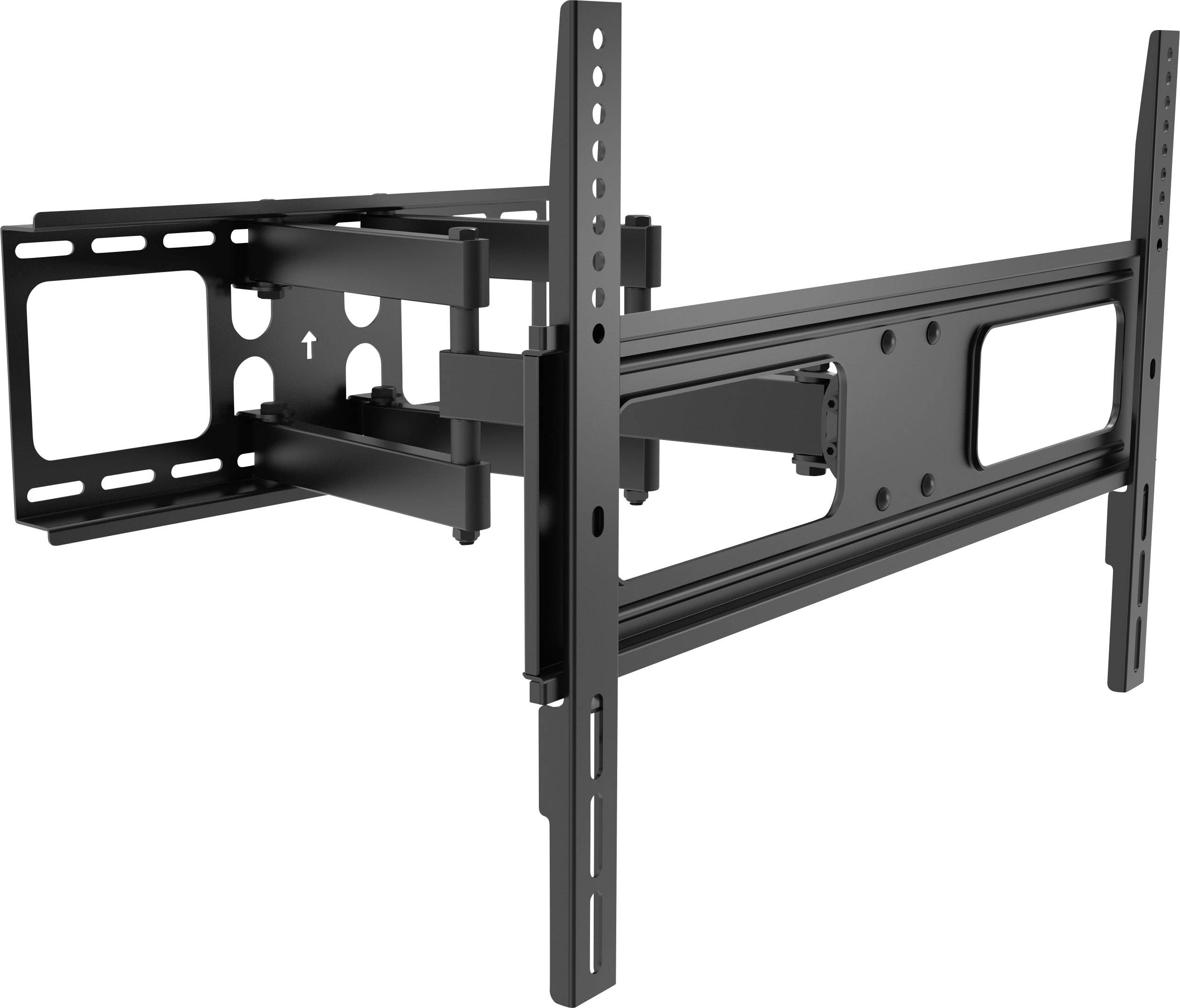 An adjustable metal TV wall mount with multiple fixing points and pivoting arms for flexible positioning.
