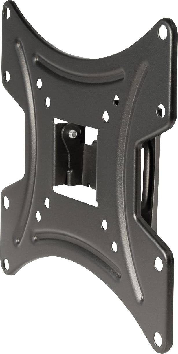 Black metal TV wall mount, VESA compatible, with multiple mounting holes for securing a flat screen to the wall.