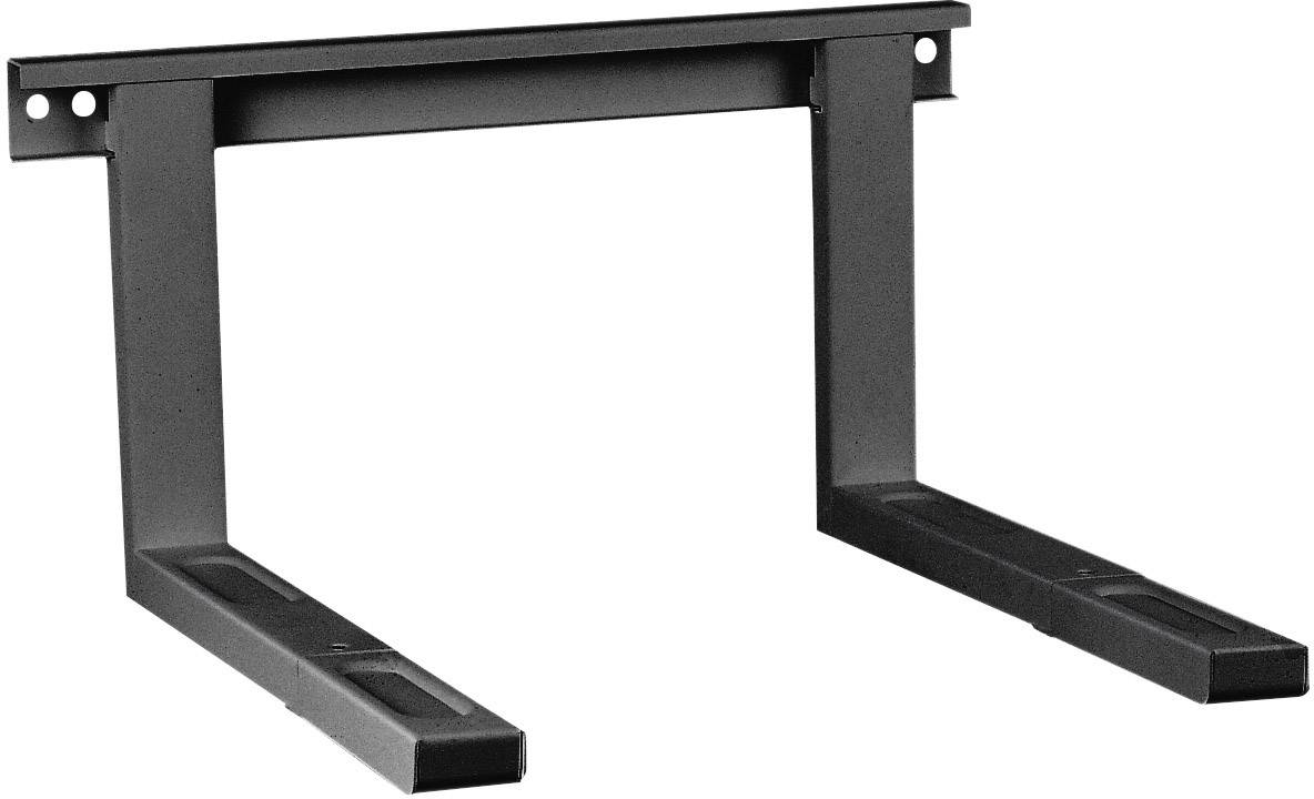 Black metal mounting bracket with two horizontal arms for wall mounting. Suitable for devices such as microwaves or audio equipment.