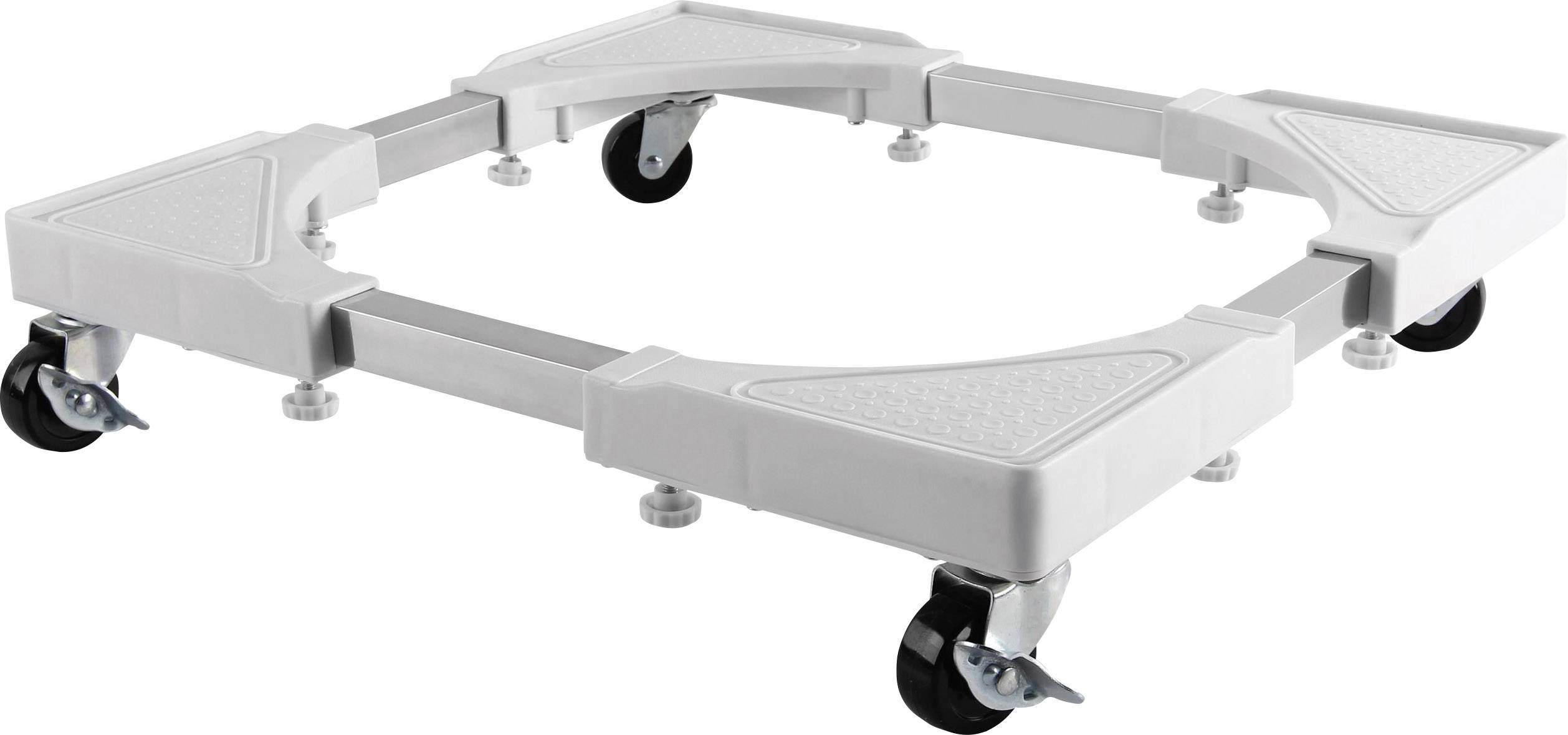 Mobile device stand with four swivelling castors and adjustable corners. Ideal for transporting heavy household appliances.