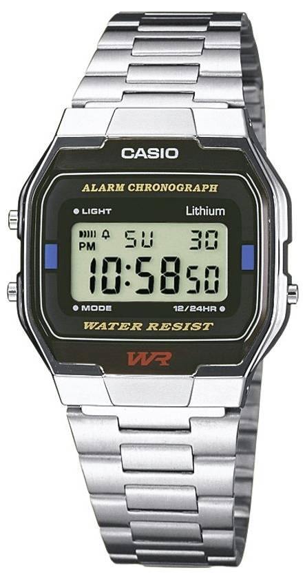 A silver digital wristwatch with a rectangular face, showing the time 10:58:50 and the date Sunday, 30th.