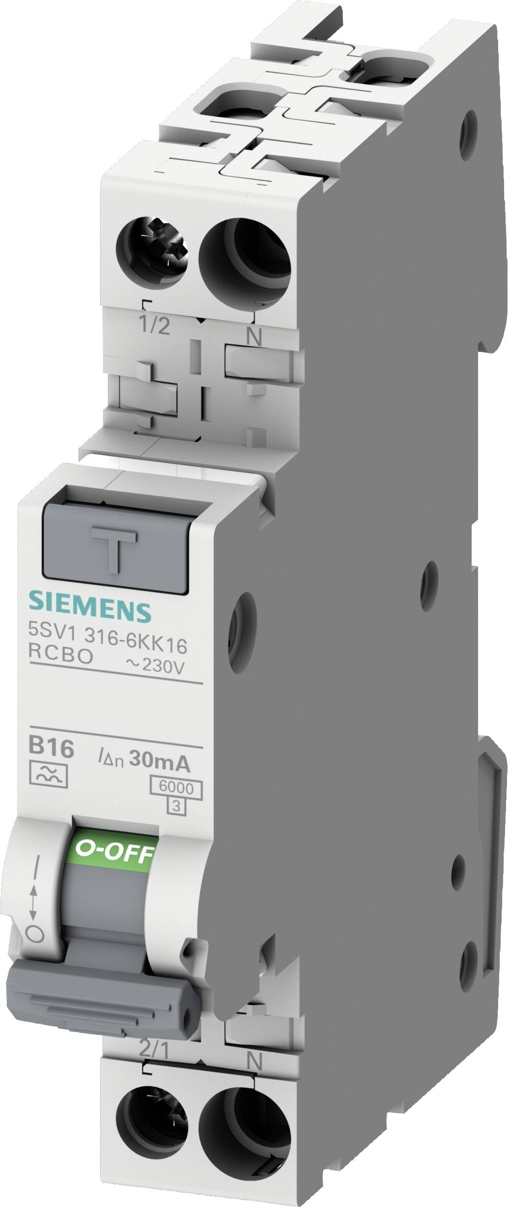 A Siemens RCD/MCB switch Type 5SV1 with the marking 'B16 30mA'. It indicates the switch position 'OFF' and is designed for 230V.