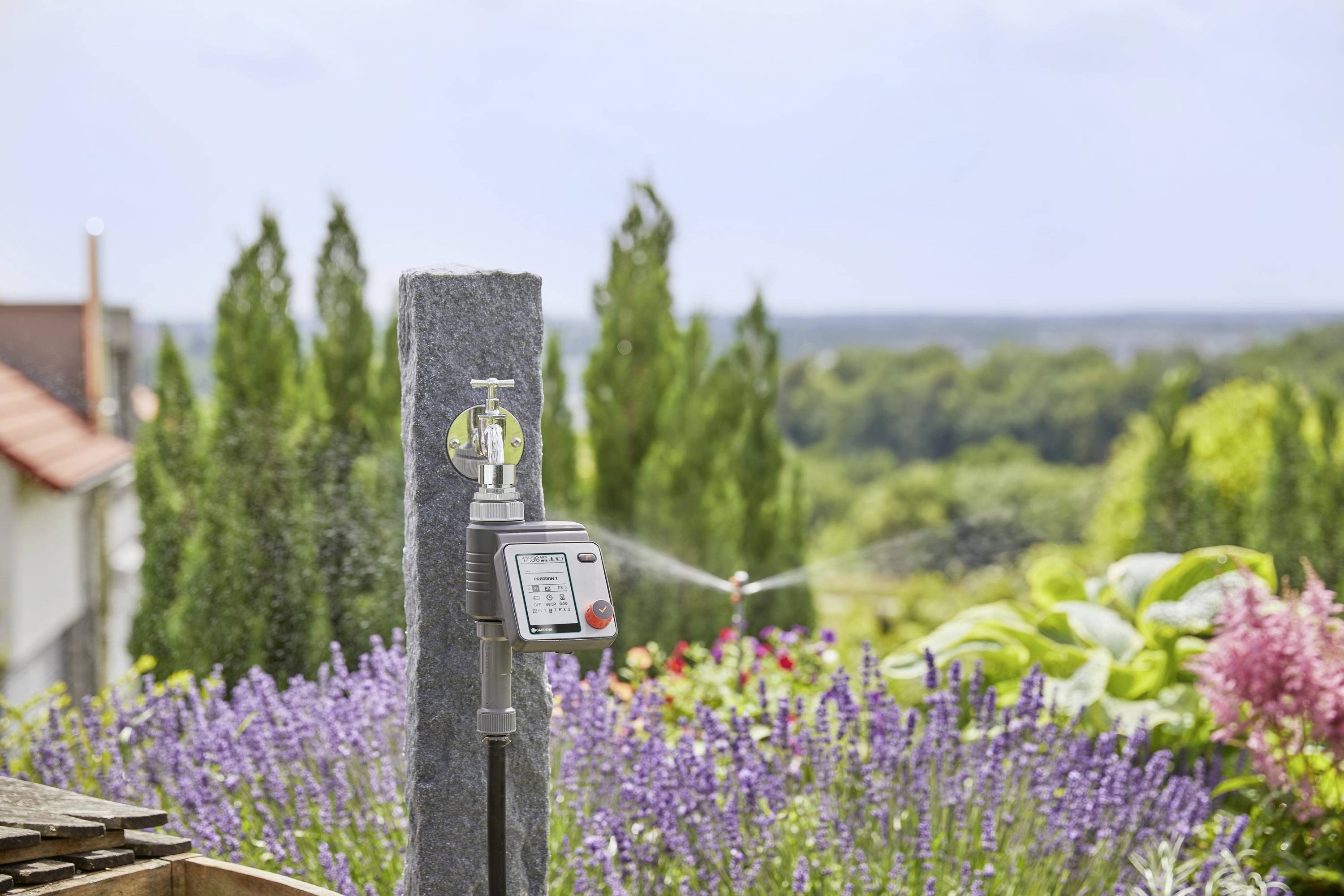 An irrigation system with a timer in front of a garden with lavender and other plants. Trees can be seen in the background.