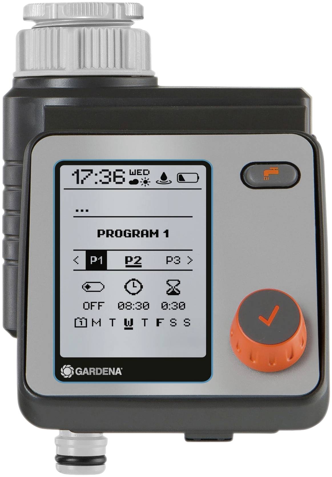 Garden irrigation control with LCD display shows time, day of the week, battery indicator and three programmable watering times.
