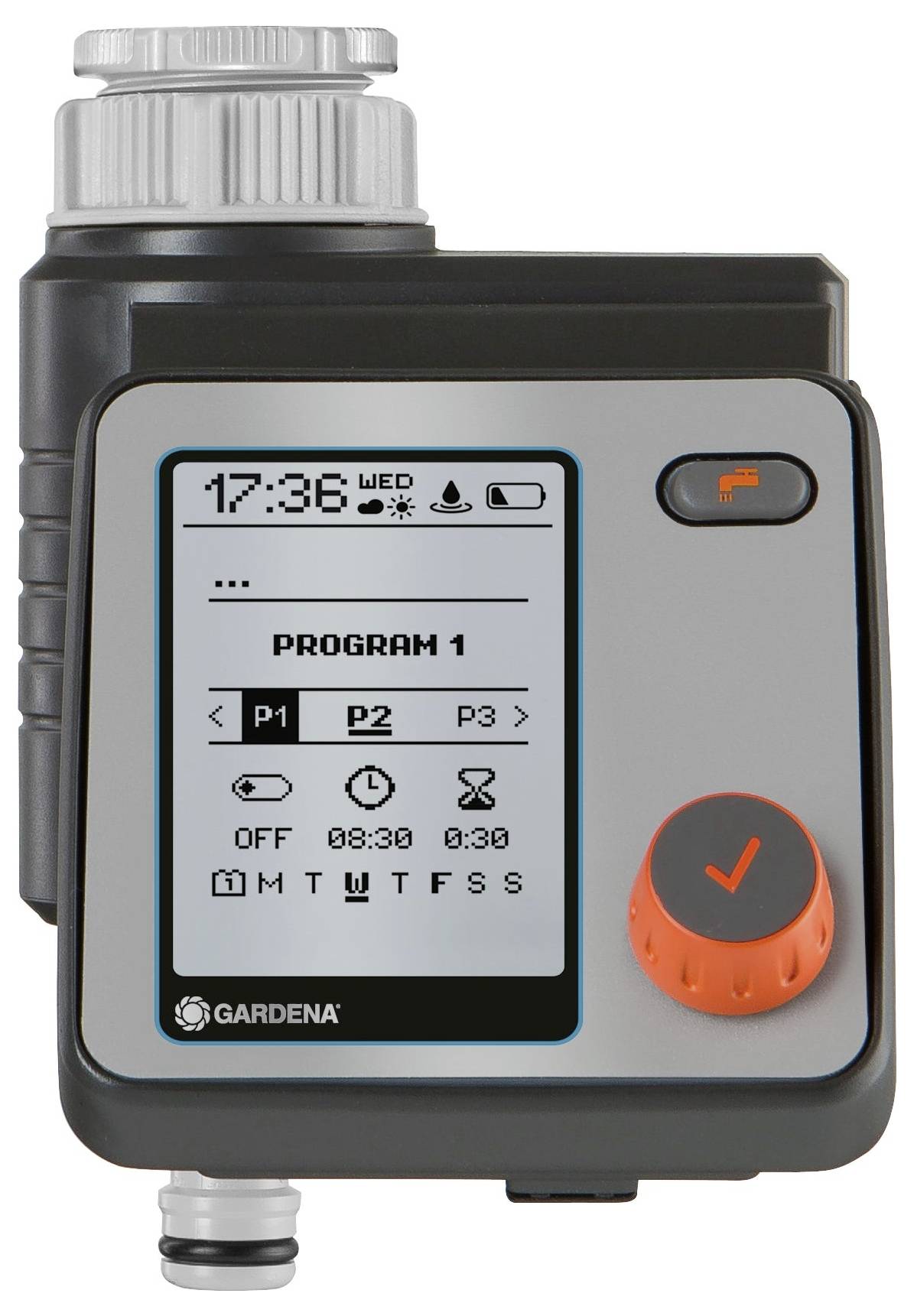 Irrigation control with digital display shows programmes P1, P2 and P3. Active programme P2, starts at 08:30. Large red rotary knob.