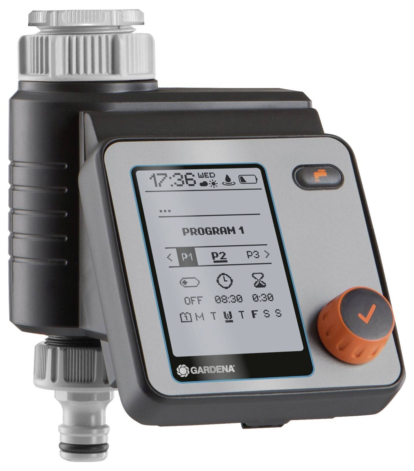 Irrigation control with display for time and programmes. Large button on the right for settings. Device by GARDENA.