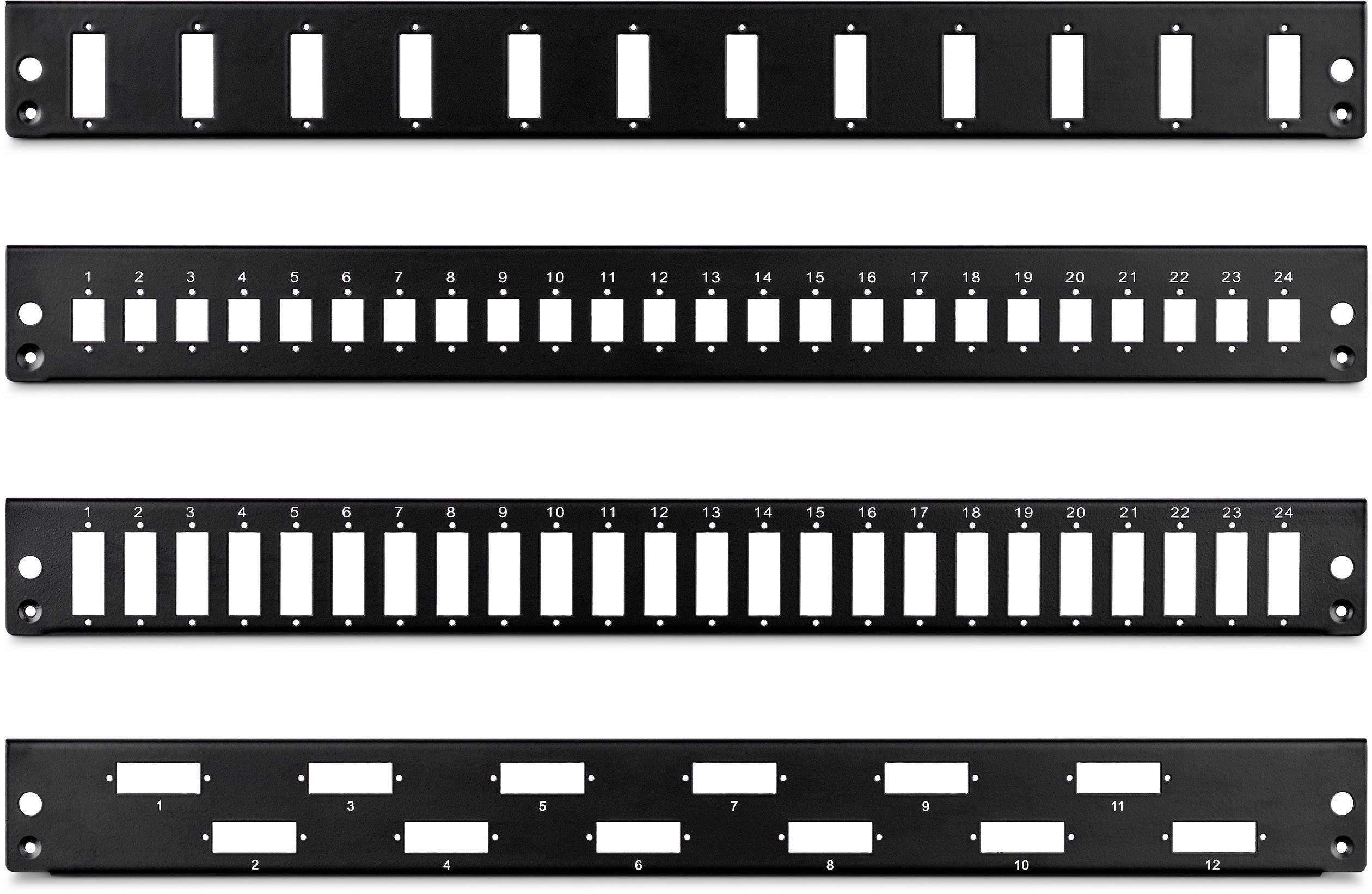Four black patch panel frames for network cabling, each with numbered slots. Top row with 16 slots, below that 24, then 12, and at the bottom 8.
