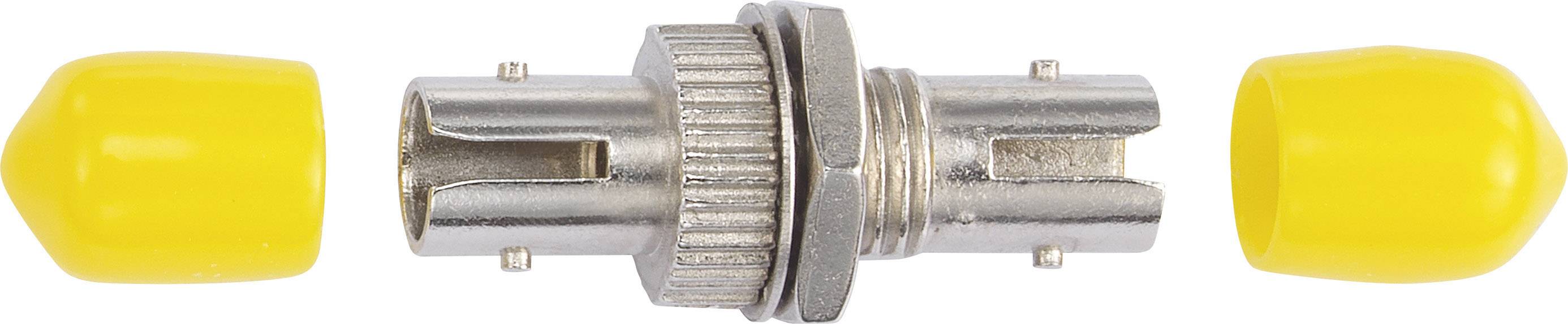 A silver fibre-optic connector with yellow plastic protective caps bordering the connector on both left and right sides.