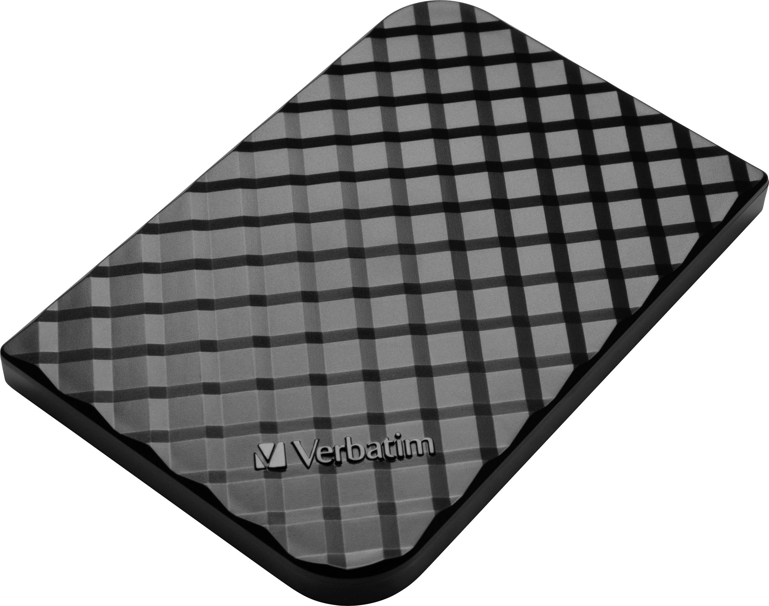 A Verbatim external hard drive with a black, checked pattern.