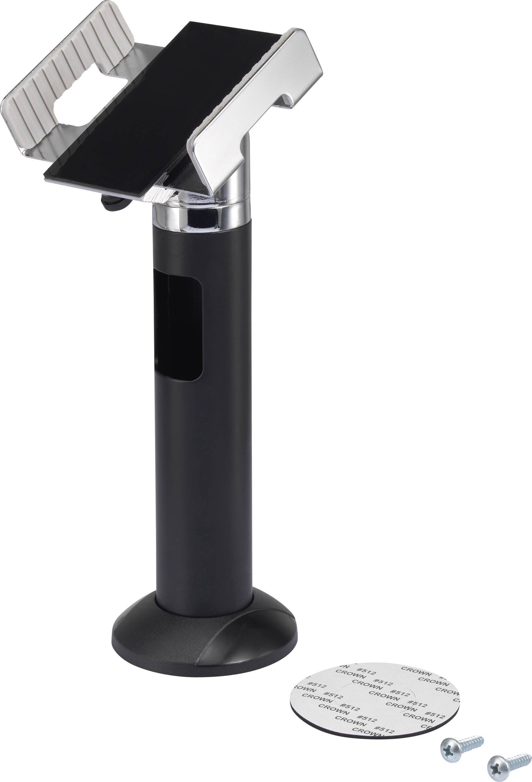 A black bicycle stand with a mounting bracket in a polished finish and a round base. Two screws and a round carpet protector included.