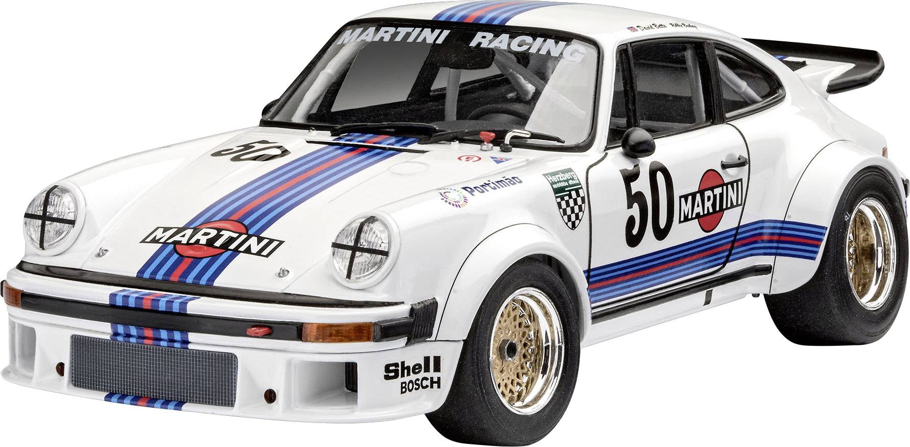 A white rally car with blue and red stripes and the inscription 'Martini Racing'. It has the number 50 and gold-coloured wheels.