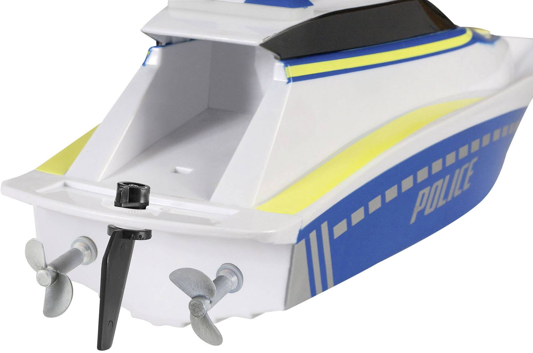 Toy police boat with blue and yellow stripes and 'POLICE' lettering, featuring two propellers at the rear.