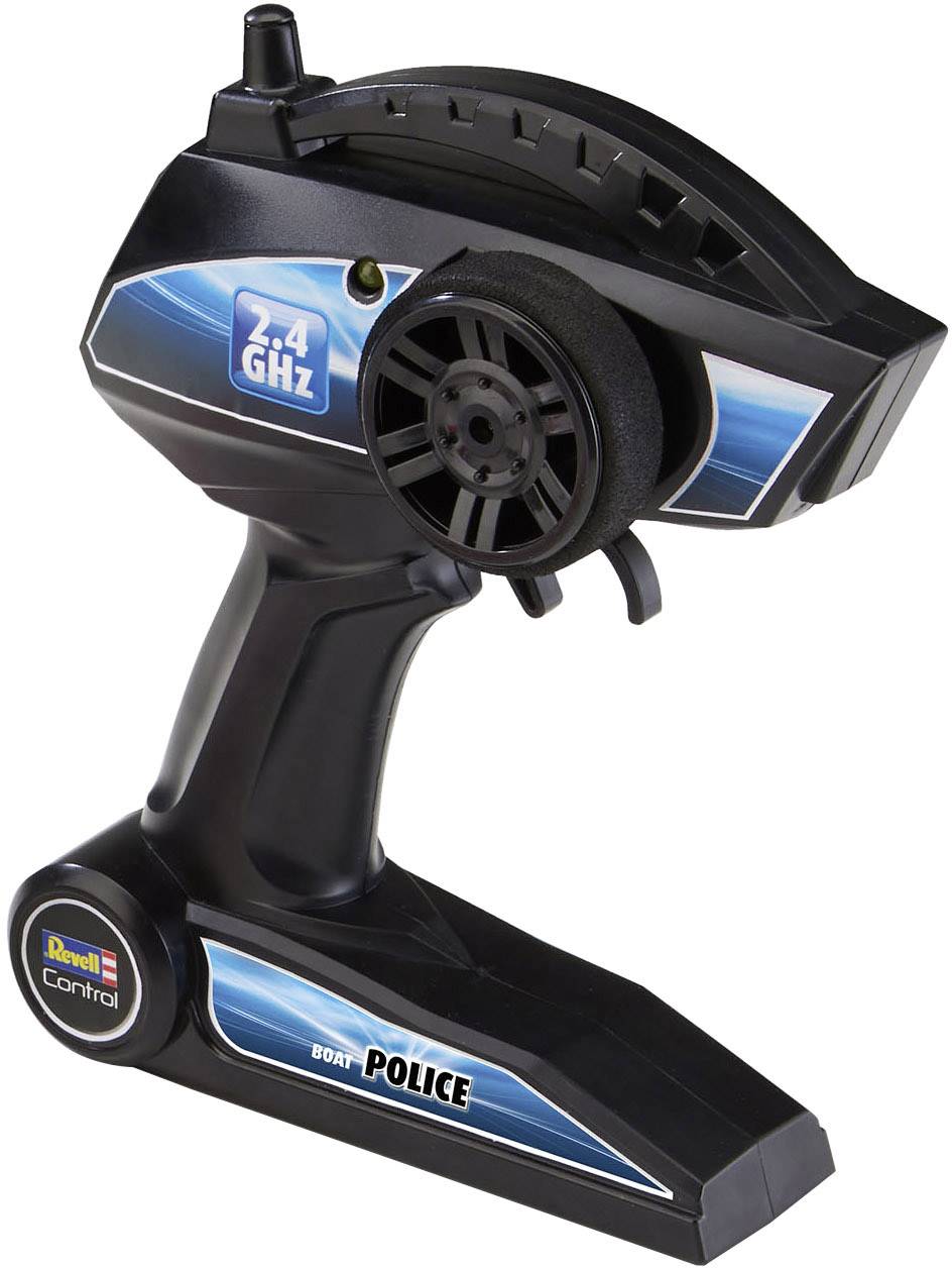 Remote control in black and blue with '2.4 GHz' and 'Revell Control' labelling, used for remote-controlled police boats.