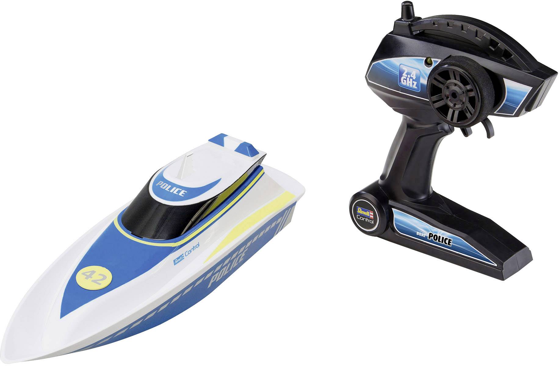 Remote-controlled Police Boat and Remote Control, in Blue and White, with the number '42' on the Boat.