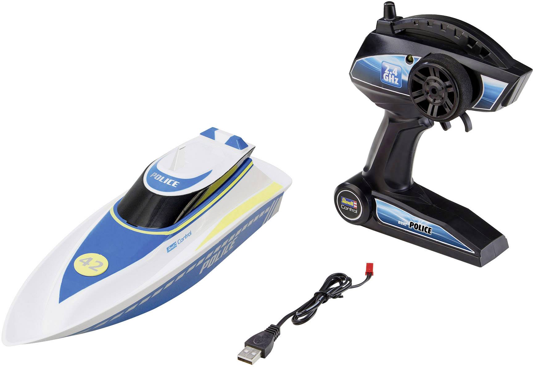 A white toy police boat with blue and yellow details next to a remote control and a USB cable on a white background.