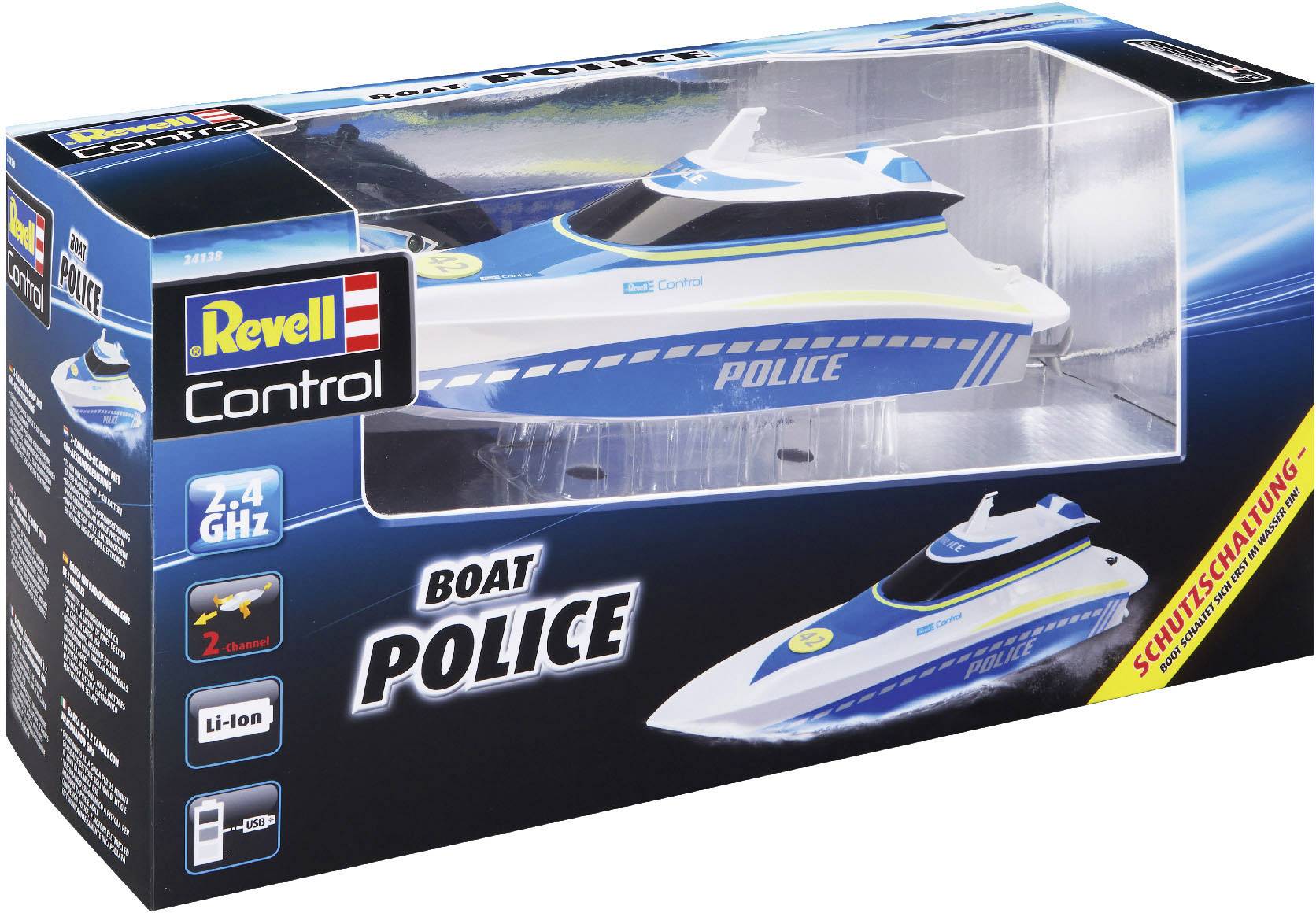 Remote-controlled Police Boat toy by Revell, packaging shows a white and blue boat with 'POLICE' lettering, 7.4GHz remote control.