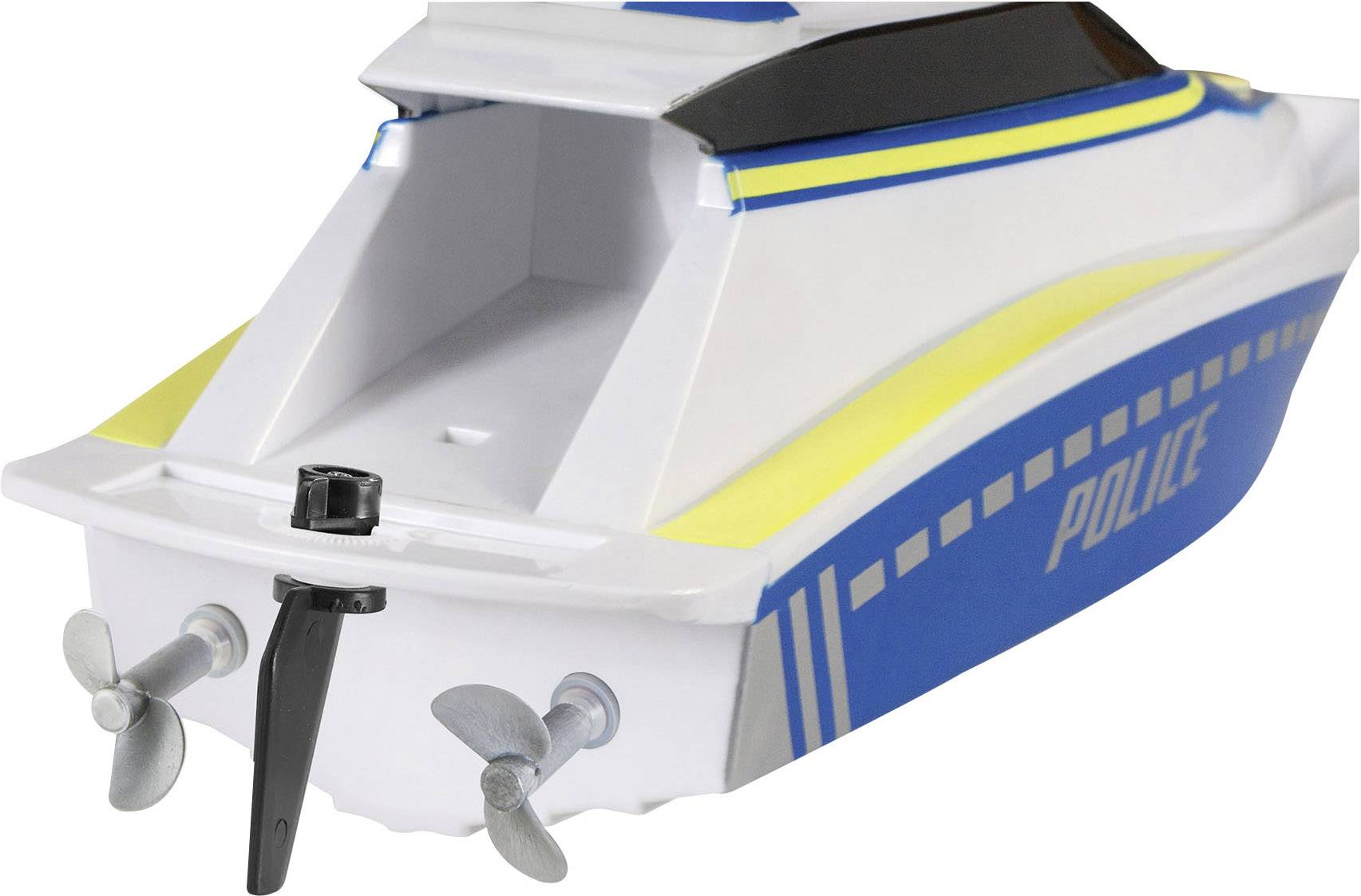 Toy police boat with a blue and white hull and yellow stripes, featuring two propellers and the word 'Police' on its side.