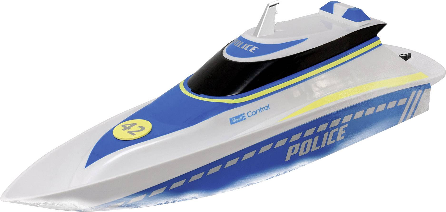 Remote-controlled police boat with blue and yellow decoration. It has the inscription 'POLICE' and the number 42 on the top.