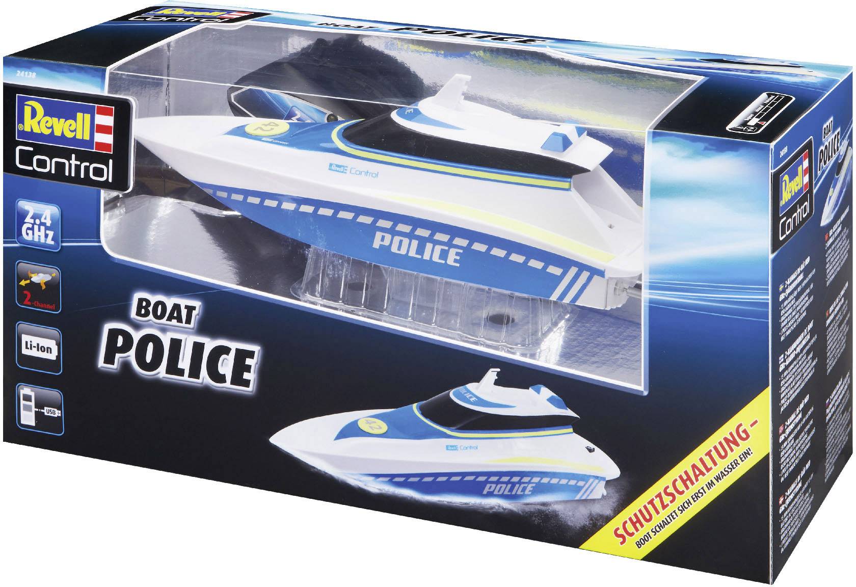Packaging of a remote-controlled police boat by Revell with blue and white colour scheme and 'protective circuit' notice.