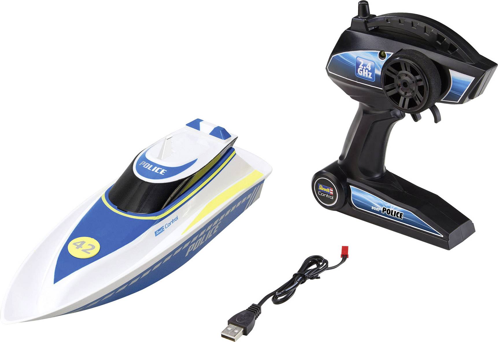 Toy Police Boat with Radio Remote Control and USB Charging Cable. The boat is white with blue and yellow details.