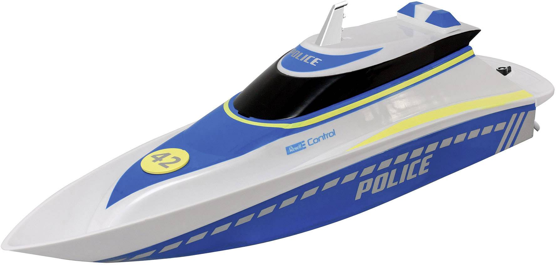 Remote-controlled police boat model in blue and white with 'POLICE' lettering, yellow circle with number 42 on the lid.