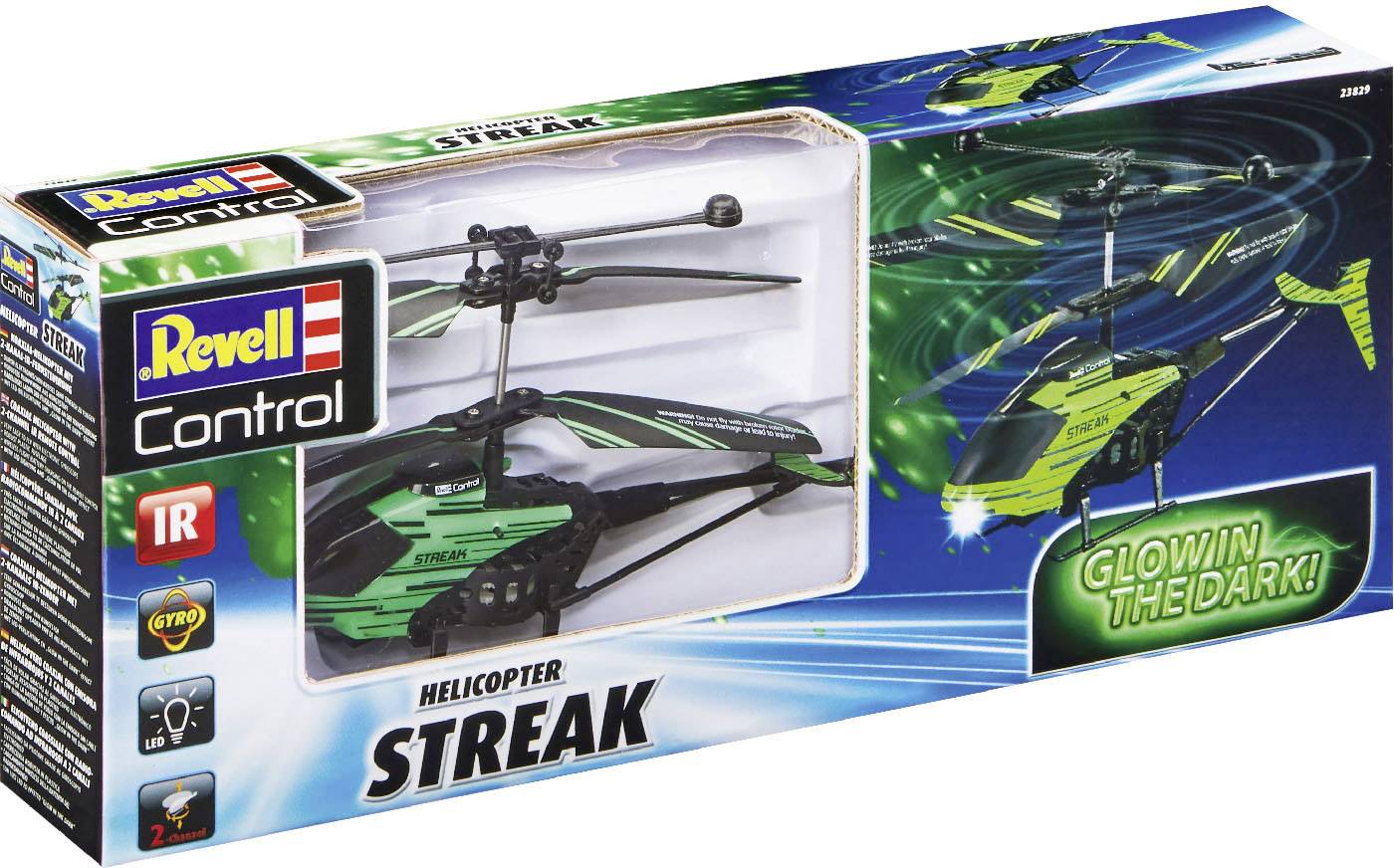 Remote-controlled helicopter 'Streak' by Revell, with green and black design. Packaging highlights glow effect in the dark.