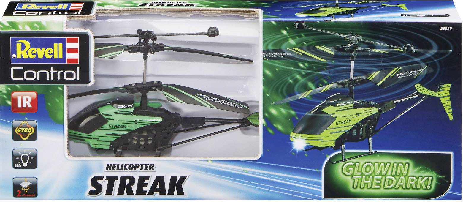Toy helicopter packaging displays 'Streak' model, which glows in the dark, with remote control options.