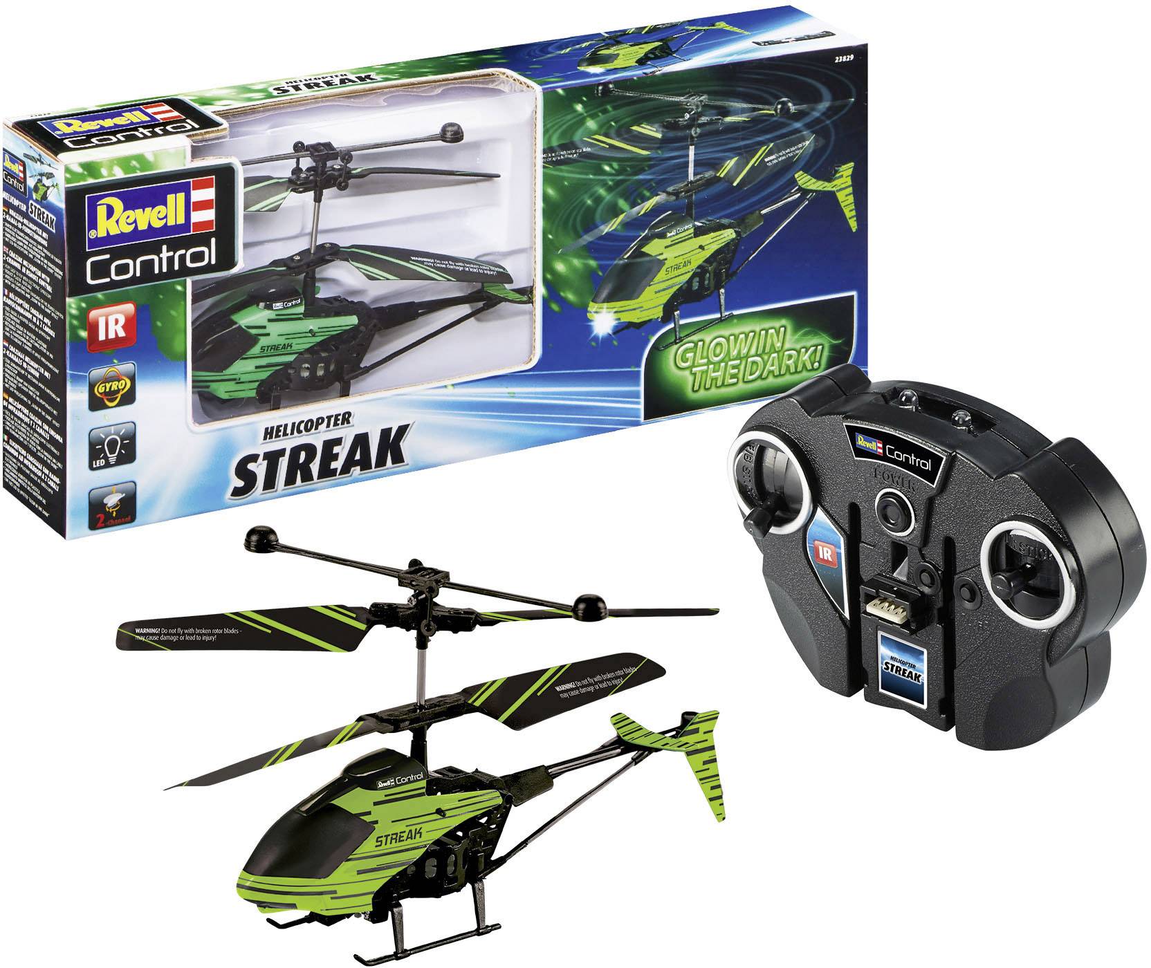 'Revell Control' remote-controlled helicopter 'Streak', illuminated in the dark, pictured alongside remote control and packaging.