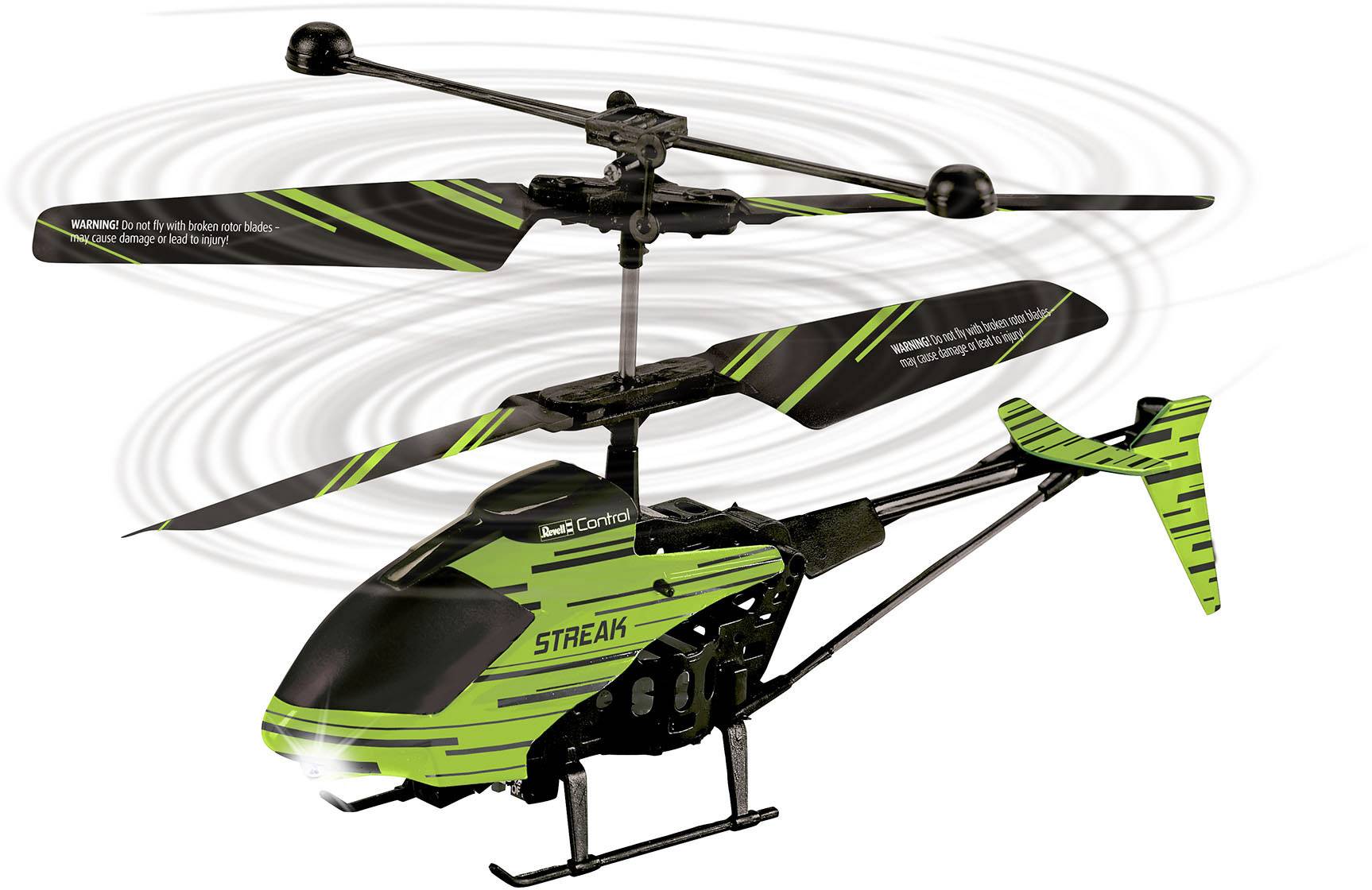 A green remote-controlled toy helicopter with black stripes, hovering with rotating rotor blades, in a dynamic flight.