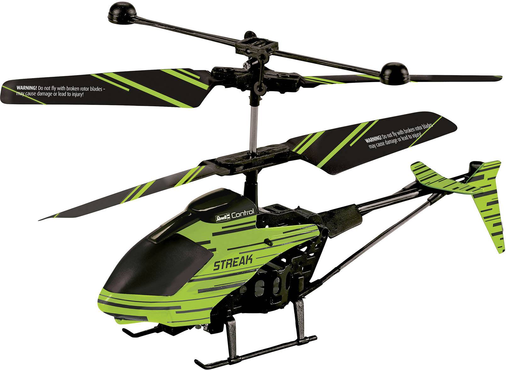 A remote-controlled helicopter with a green and black design and two rotor blades, marked as 'Streak'.
