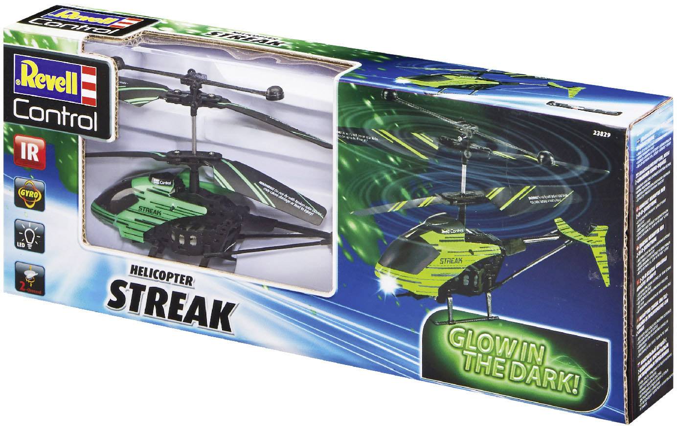 Packaging for 'Revell Control Helicopter Streak', shows remote-controlled helicopter with green illumination in the dark.