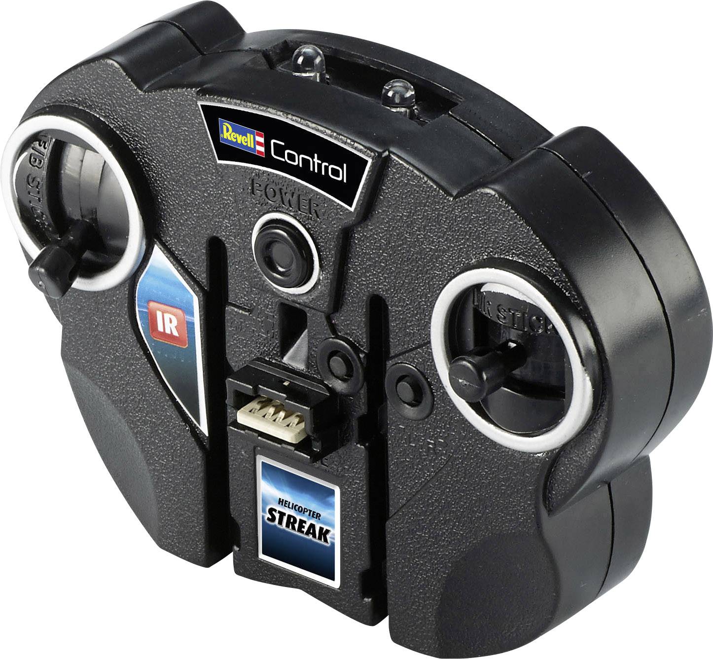 Remote control for a toy aeroplane with two joysticks, IR badge and brand stickers.