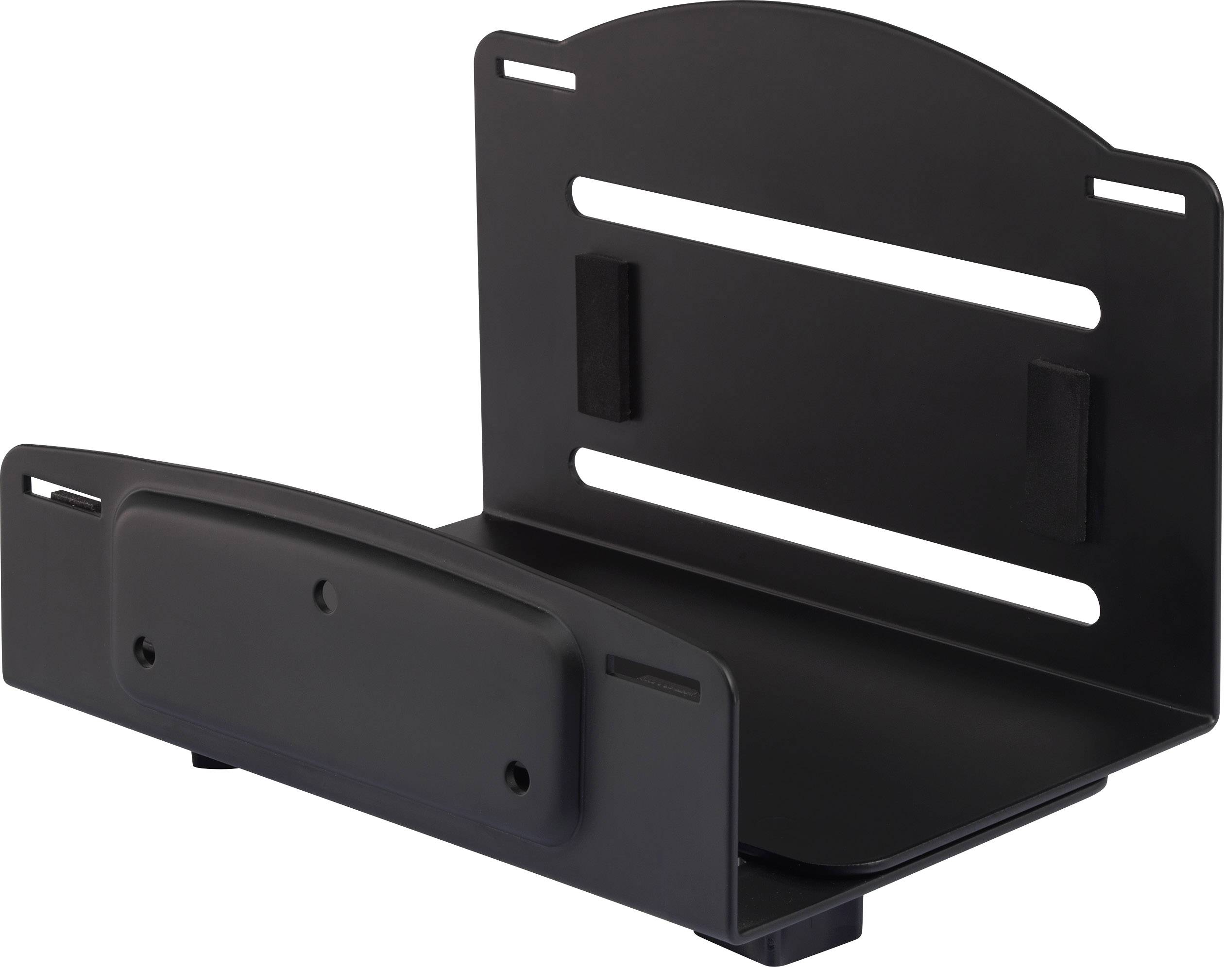 Black wall mount for securing a console, with ventilation slots and mounting points, standing upright.