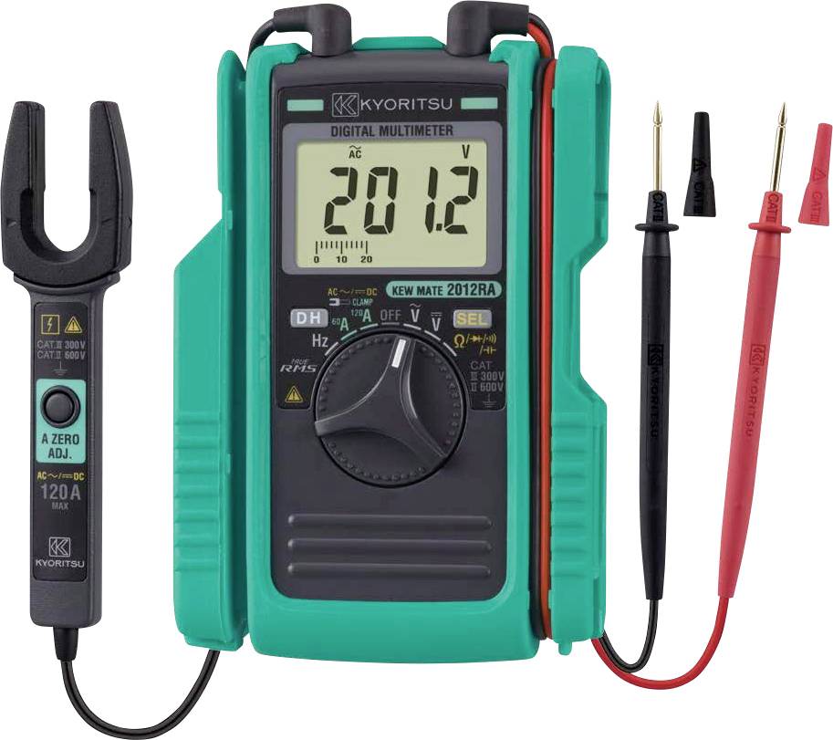 Kyoritsu digital multimeter with clamp sensor and red/black test probes, displaying 20.12 on the screen.