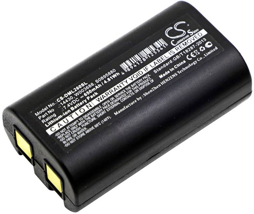 A black, rectangular battery with details of model, voltage, and capacity. Text on it: 'CAUTION WARRANTY VOID IF LABEL IS REMOVED'.