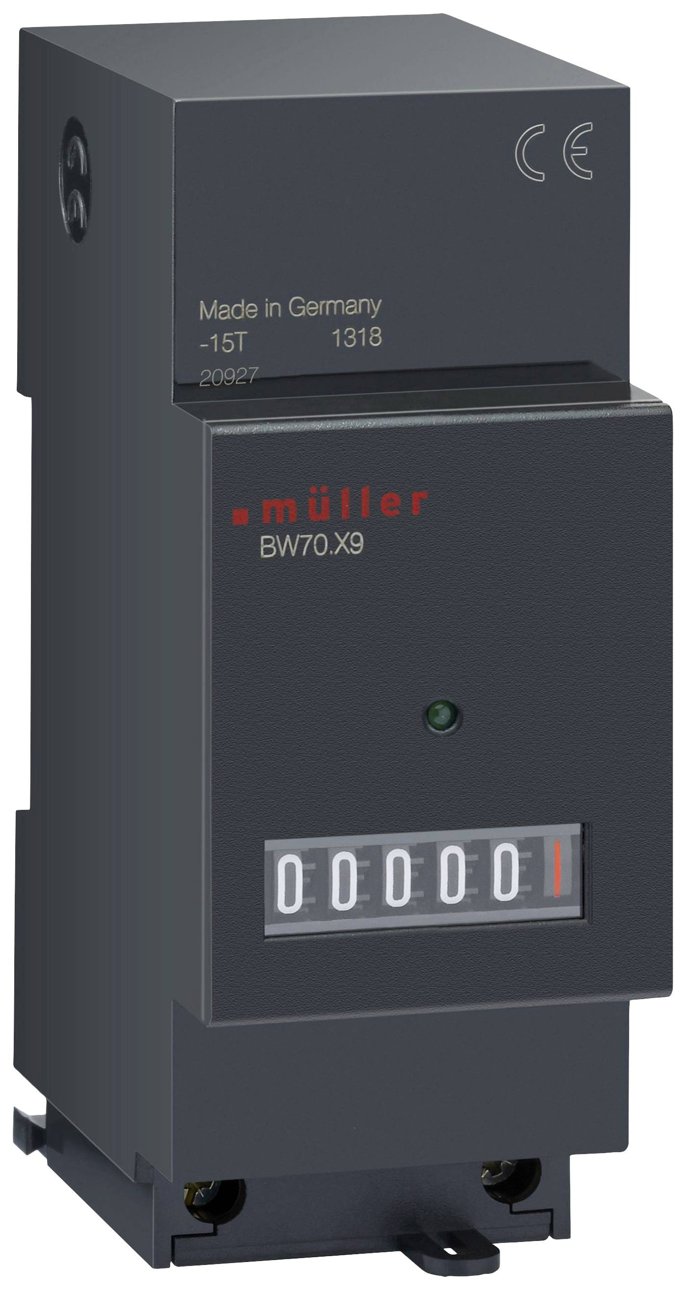 Electronic pulse counter 'müller BW70-X9' with a grey housing, green LED display and a counter mechanism that starts at zero.