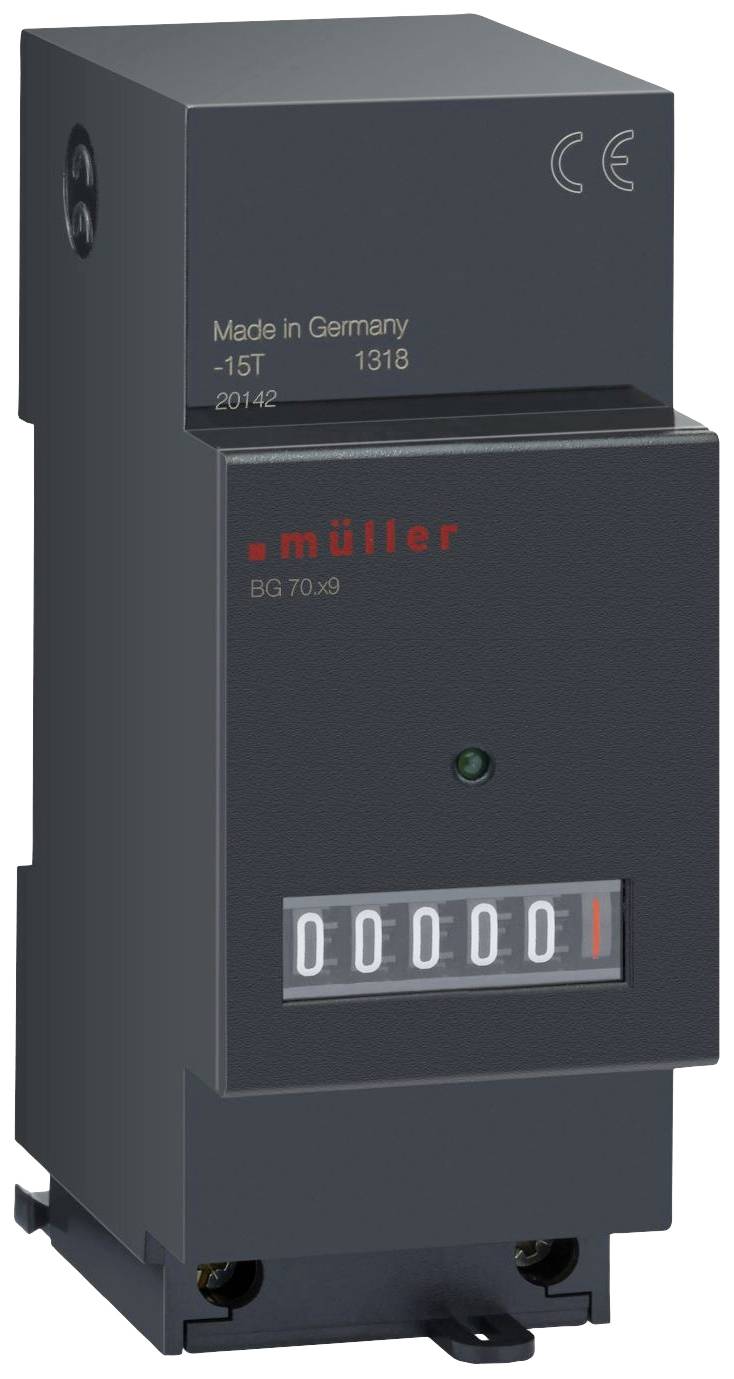 A black electric meter with red digits and a green control light. Labelled with 'Müller' and 'Made in Germany'.