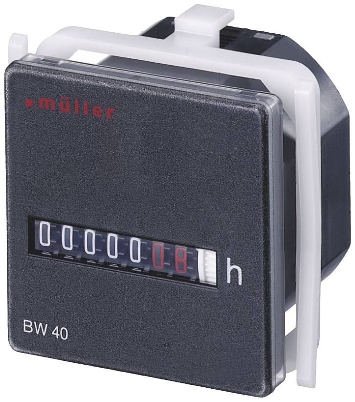 The figure shows an analogue operating hours counter of type 'BW 40' by Müller, with a counter displaying hours and tenths of hours.