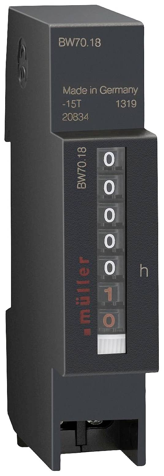 Hours voltmeter with digital roll displays, showing '10'. Marked with 'müller', model number BW70.18, 'Made in Germany'.
