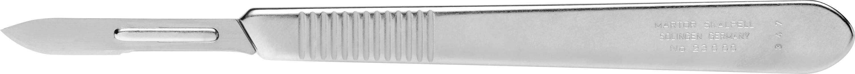 A surgical scalpel with a silver handle and sharp blade, used for precise cuts in medical applications.