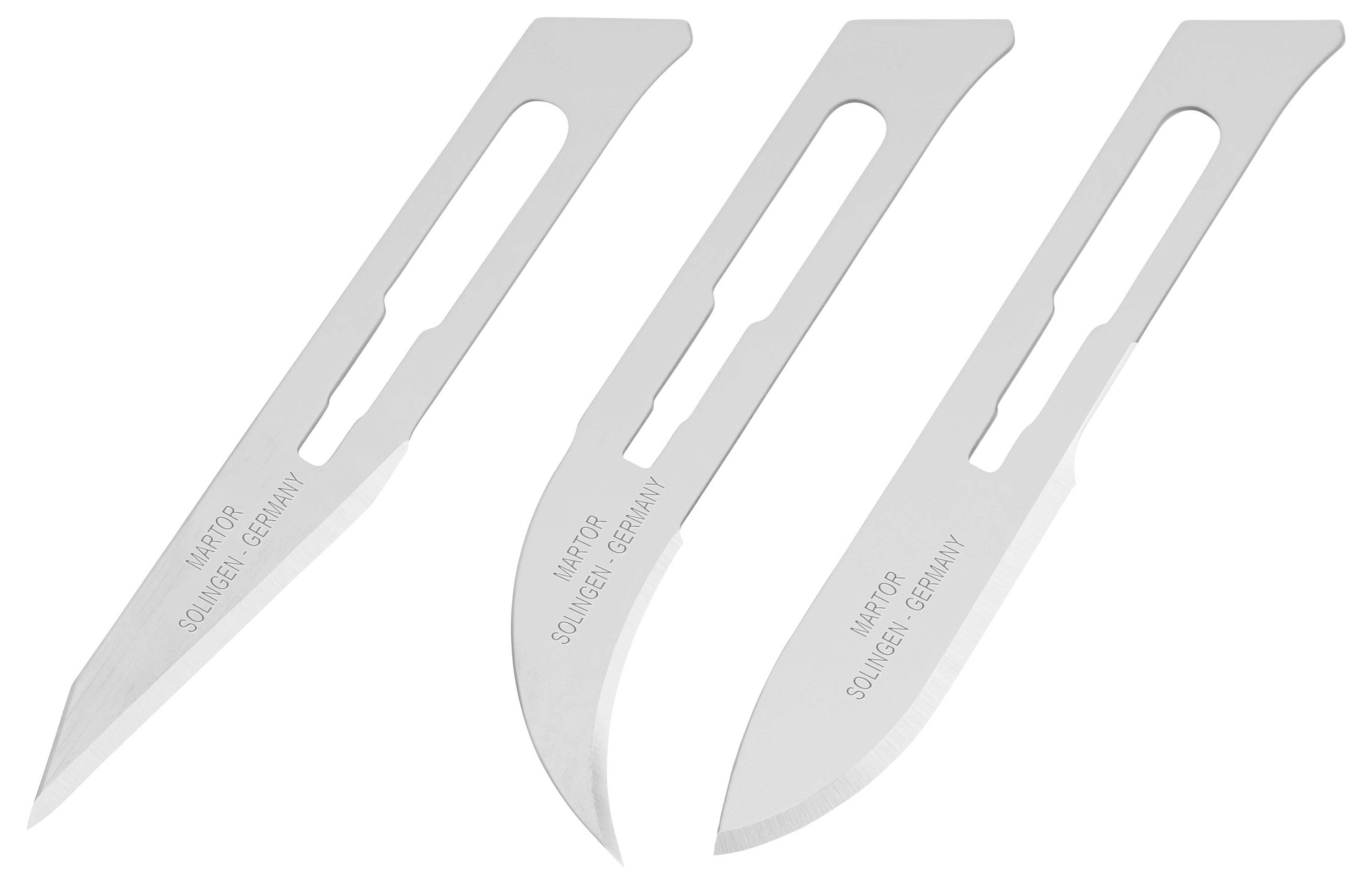 Three different surgical blades with the inscription 'MADE IN GERMANY', showing varying shapes for precise medical-technical applications.