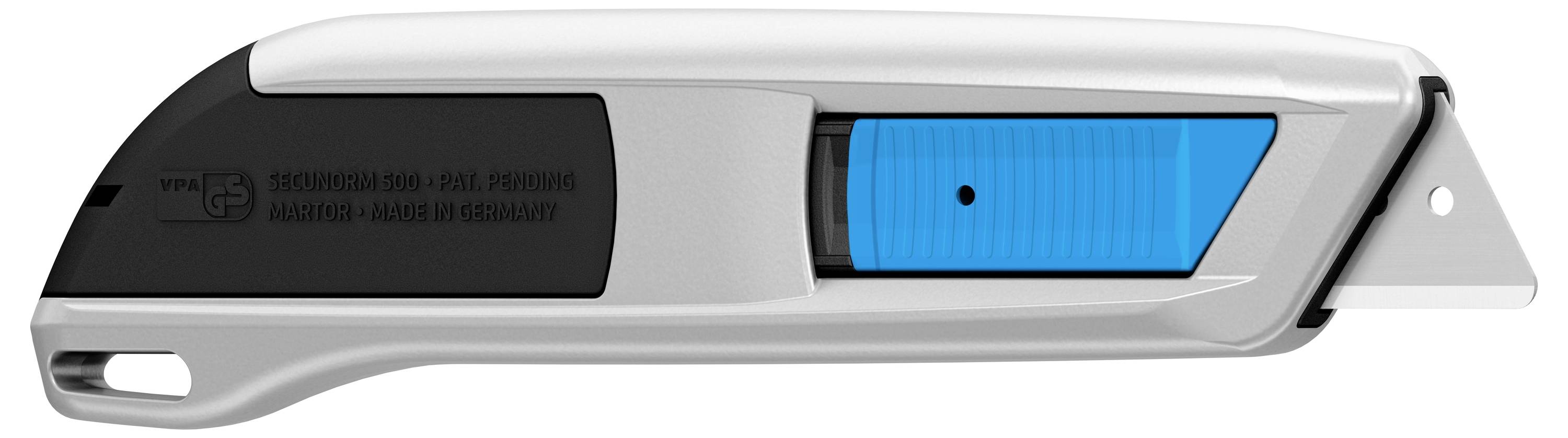 A silver and black cargo restraint clip with a blue hook, used for securing loads in a vehicle.