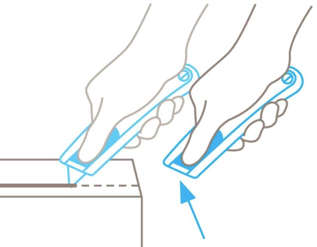Illustration of two hands using a safety knife to open a cardboard box; the arrow indicates the cutting direction.