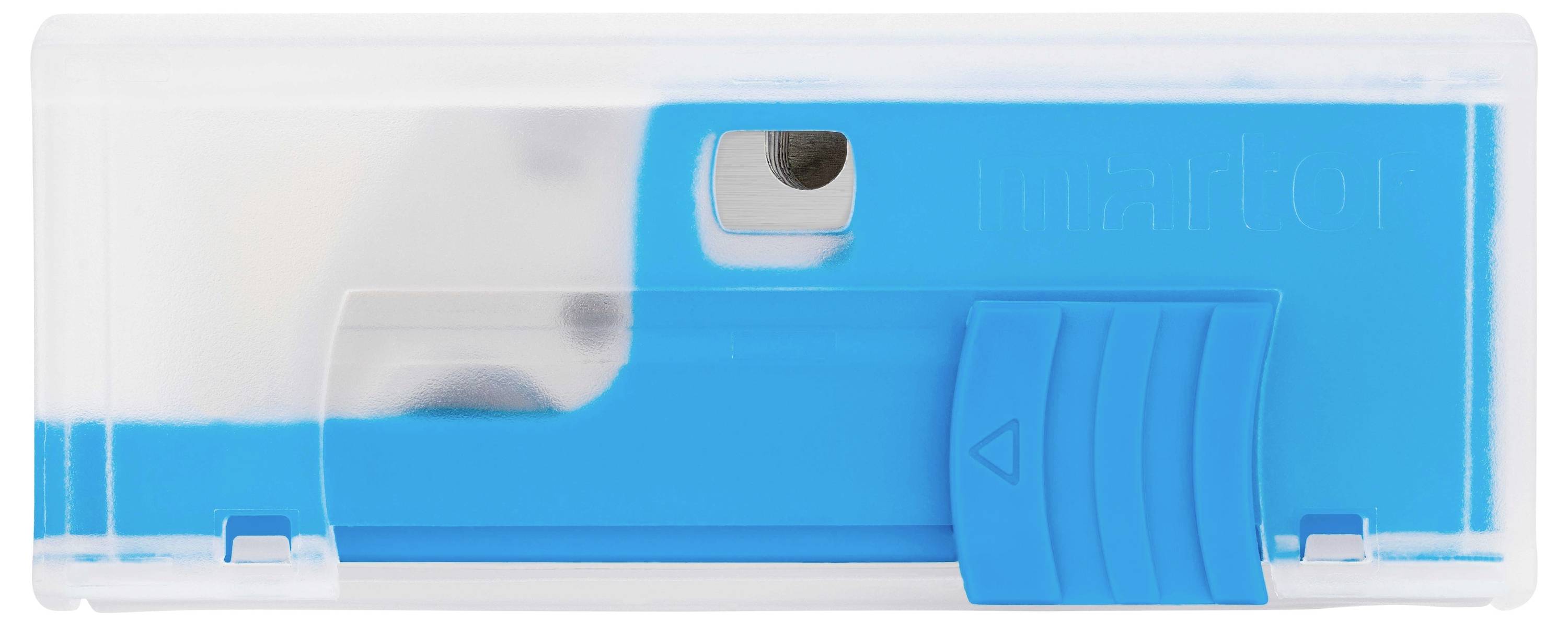 A blue and white plastic case with a sliding mechanism, likely for storing or protecting small items.