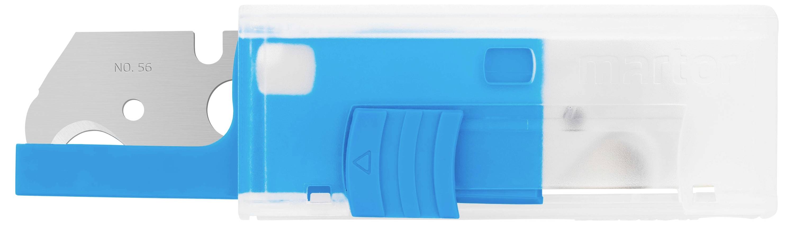 A surgical blade changer in white and blue, with an inserted metal blade. For safe storage and handling of scalpel blades.