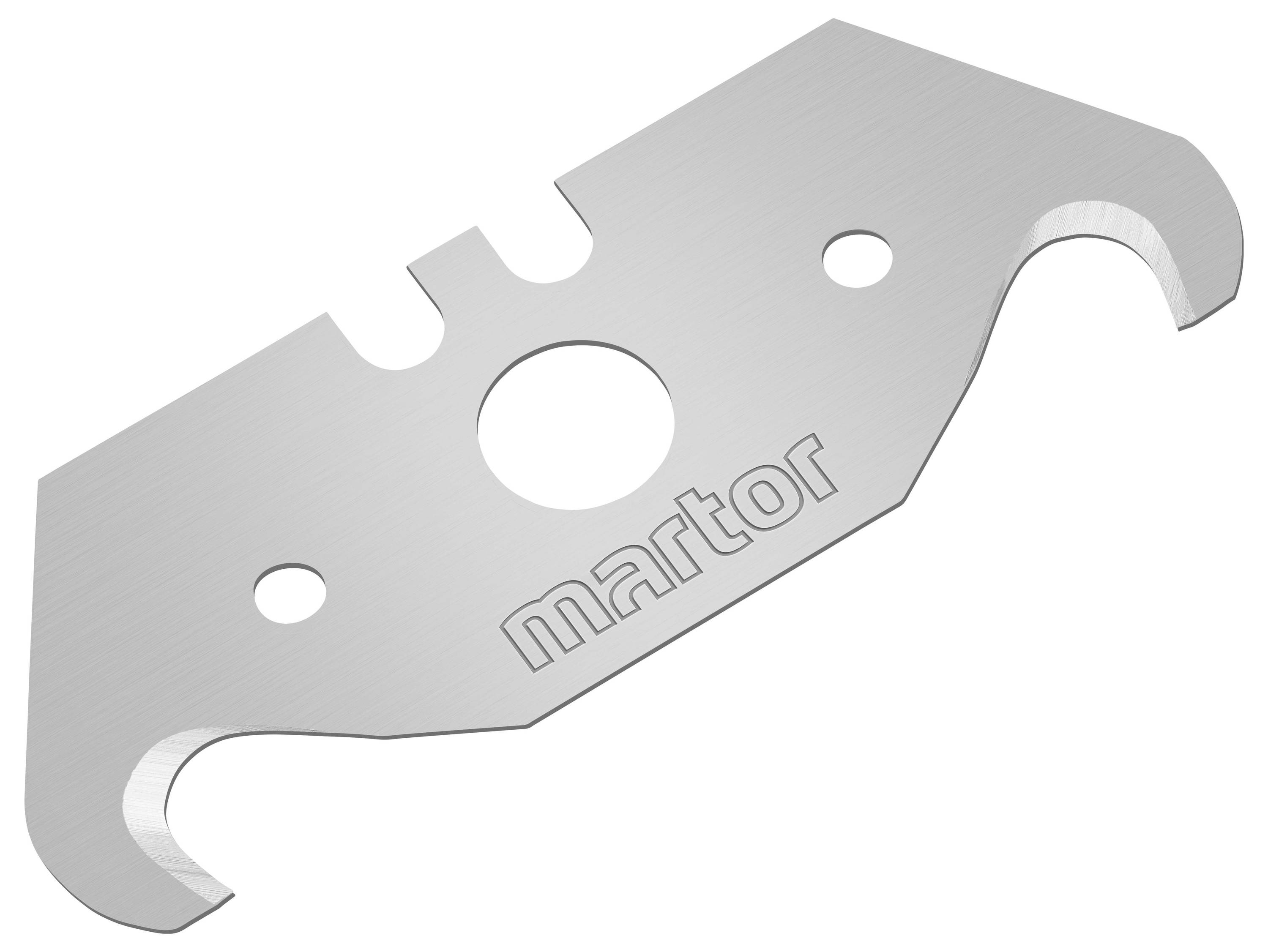 Cutting blade with two hooks, a central hole and 'martor' printed on the surface. Silver-coloured metal with sharp edges.