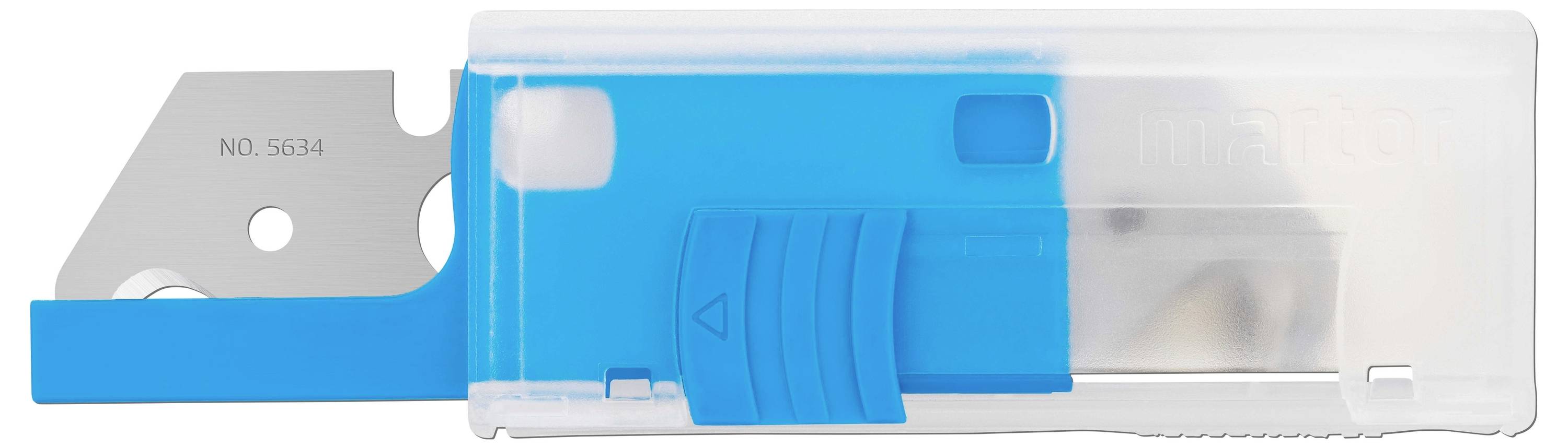 A blue and white plastic casing with a slider that holds a metal blade. 'NO. 5634' is engraved on the blade.