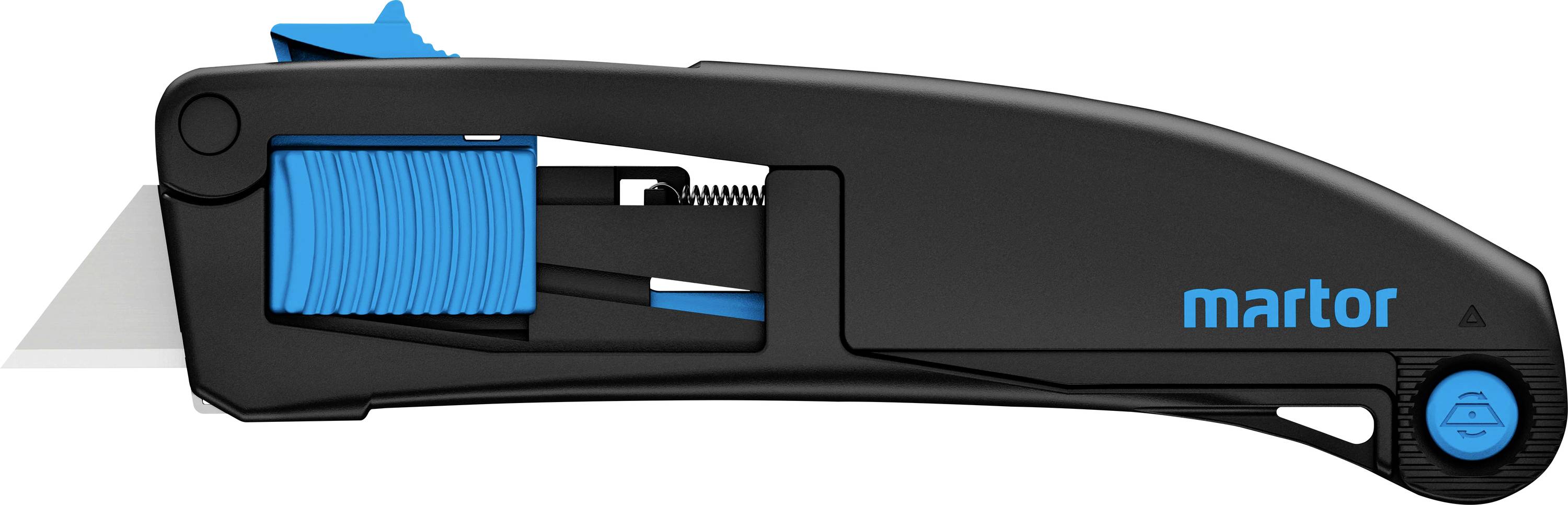 A black safety cutter with blue accents and a visible blade, from the Martor brand, is lying on a white surface.