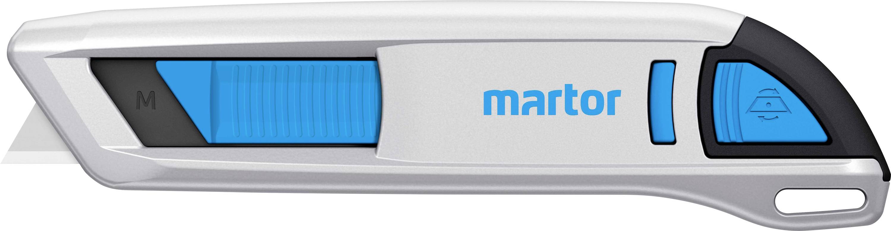 A silver-blue safety knife with 'martor' printed on it, suitable for cutting packaging; retractable blade.