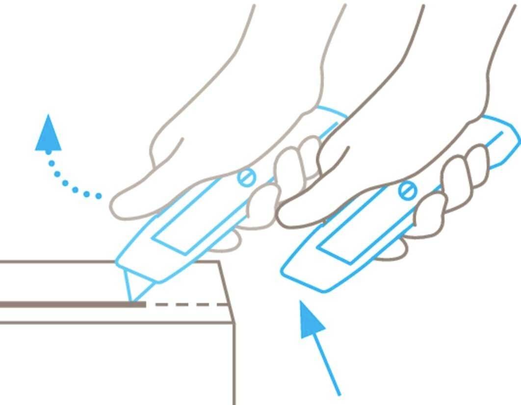 Diagram shows hands opening a cardboard box with a utility knife along dotted lines. Arrows indicate cutting direction.